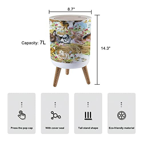 Small Trash Can with Lid Farms Animal Seamless Cute Domestic Pets Watercolor foal Piggy Chicken 7 Liter Round Garbage Can Elasticity Press Cover Lid Wastebasket for Kitchen Bathroom Office 1.8 Gallon