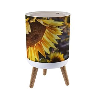 small trash can with lid yellow sunflower in the sunset light close up sunflower close up garbage bin wood waste bin press cover round wastebasket for bathroom bedroom kitchen 7l/1.8 gallon
