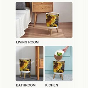 Small Trash Can with Lid Yellow sunflower in the sunset light Close up Sunflower close up Garbage Bin Wood Waste Bin Press Cover Round Wastebasket for Bathroom Bedroom Kitchen 7L/1.8 Gallon