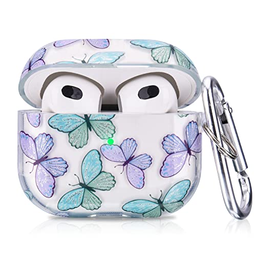 V.R.HOPE Compatible with AirPods 3rd Generation Case for Women Girls, Clear Flower AirPods 3 Case Cover with Keychain Hard Cute Skin for Apple Air Pods Gen 3, Butterfly