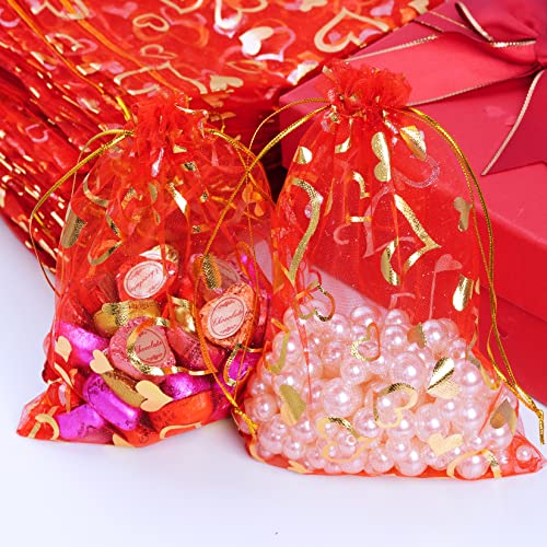 100PCS Heart Printed Organza Bags Gift Jewelry Candy Bags for Wedding Valentine's Day Mother's Day Party Christmas 5x7Inch (Red)