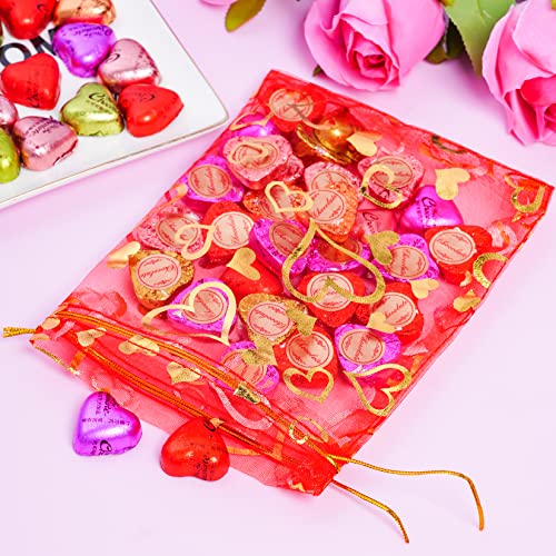 100PCS Heart Printed Organza Bags Gift Jewelry Candy Bags for Wedding Valentine's Day Mother's Day Party Christmas 5x7Inch (Red)