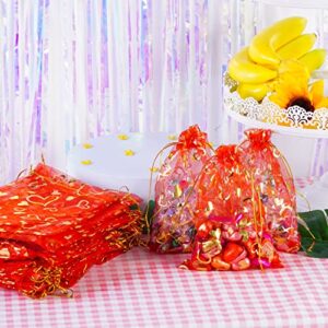 100PCS Heart Printed Organza Bags Gift Jewelry Candy Bags for Wedding Valentine's Day Mother's Day Party Christmas 5x7Inch (Red)