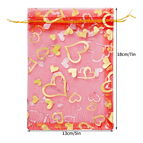 100PCS Heart Printed Organza Bags Gift Jewelry Candy Bags for Wedding Valentine's Day Mother's Day Party Christmas 5x7Inch (Red)