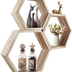 ZENGAOOU Hexagon Floating Shelves, Set of 3 Wall Mounted Wood Farmhouse Storage Honeycomb Wall Shelf Bathroom Home Decor for Kitchen, Bedroom, Living Room, Office - Light Brown