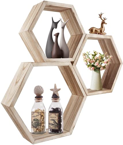 ZENGAOOU Hexagon Floating Shelves, Set of 3 Wall Mounted Wood Farmhouse Storage Honeycomb Wall Shelf Bathroom Home Decor for Kitchen, Bedroom, Living Room, Office - Light Brown