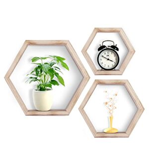 ZENGAOOU Hexagon Floating Shelves, Set of 3 Wall Mounted Wood Farmhouse Storage Honeycomb Wall Shelf Bathroom Home Decor for Kitchen, Bedroom, Living Room, Office - Light Brown