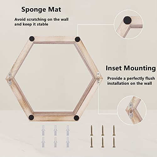 ZENGAOOU Hexagon Floating Shelves, Set of 3 Wall Mounted Wood Farmhouse Storage Honeycomb Wall Shelf Bathroom Home Decor for Kitchen, Bedroom, Living Room, Office - Light Brown