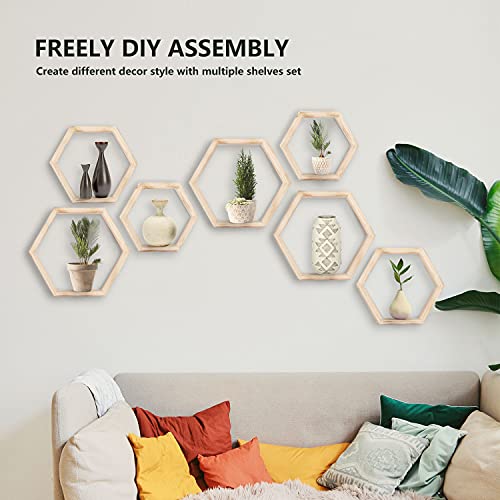 ZENGAOOU Hexagon Floating Shelves, Set of 3 Wall Mounted Wood Farmhouse Storage Honeycomb Wall Shelf Bathroom Home Decor for Kitchen, Bedroom, Living Room, Office - Light Brown