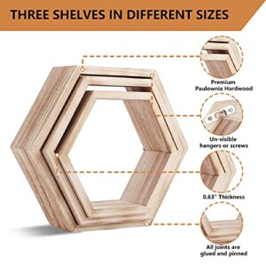 ZENGAOOU Hexagon Floating Shelves, Set of 3 Wall Mounted Wood Farmhouse Storage Honeycomb Wall Shelf Bathroom Home Decor for Kitchen, Bedroom, Living Room, Office - Light Brown