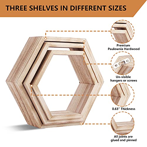 ZENGAOOU Hexagon Floating Shelves, Set of 3 Wall Mounted Wood Farmhouse Storage Honeycomb Wall Shelf Bathroom Home Decor for Kitchen, Bedroom, Living Room, Office - Light Brown