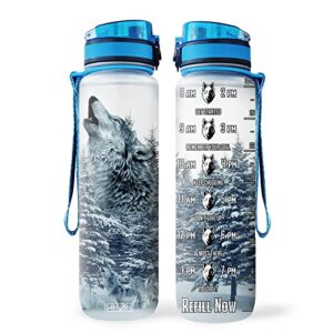 64hydro 32oz 1liter motivational water bottle with time marker & removable strainer, water tracker bottles, snow wolf water bottles with times to drink, cool unique inspirational gifts for men, women