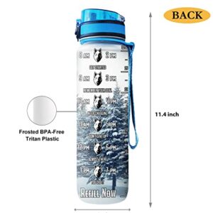 64HYDRO 32oz 1Liter Motivational Water Bottle with Time Marker & Removable Strainer, Water Tracker Bottles, Snow Wolf Water Bottles with Times to Drink, Cool Unique Inspirational Gifts for Men, Women