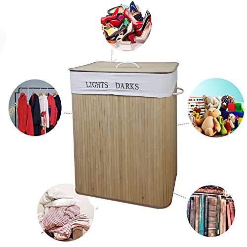 Double Laundry Hamper with Lid, Divided Laundry Basket with Cotton Handles, Bamboo Hamper with Liner for Laundry Room, Bedroom, 153L