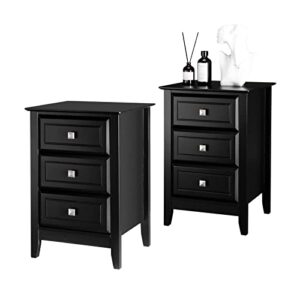 bonnlo upgraded 3 drawers night stands for bedrooms set of 2, wooden black nightstand stylish, modern bed side table/night stand for small spaces, college dorm, kids’ room, living room, 24h