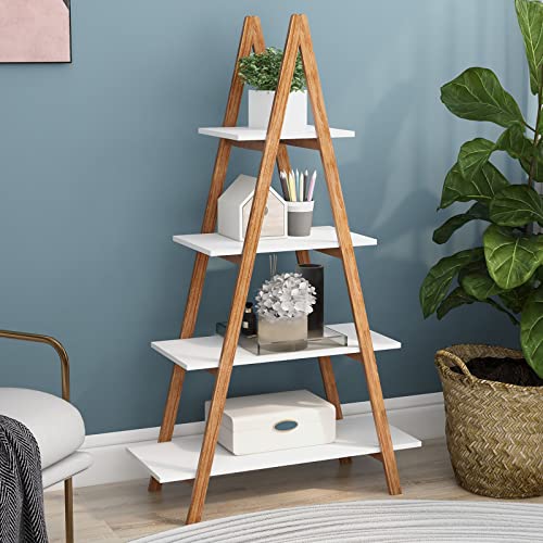 DKLGG 4-Tier Bookshelf Wooden Ladder Shelf Wooden Bookcase A- Shaped with Bamboo Frame, Freestanding Plant Stand Open Shelf, Decorative Plant Shelves for Living Room, Bedroom, Home Office(White)