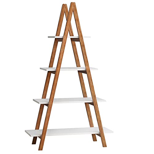 DKLGG 4-Tier Bookshelf Wooden Ladder Shelf Wooden Bookcase A- Shaped with Bamboo Frame, Freestanding Plant Stand Open Shelf, Decorative Plant Shelves for Living Room, Bedroom, Home Office(White)