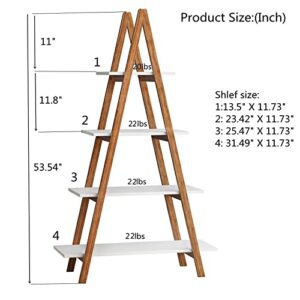 DKLGG 4-Tier Bookshelf Wooden Ladder Shelf Wooden Bookcase A- Shaped with Bamboo Frame, Freestanding Plant Stand Open Shelf, Decorative Plant Shelves for Living Room, Bedroom, Home Office(White)