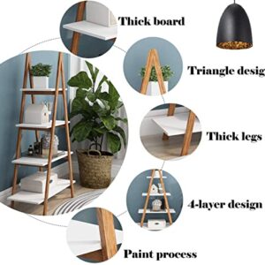 DKLGG 4-Tier Bookshelf Wooden Ladder Shelf Wooden Bookcase A- Shaped with Bamboo Frame, Freestanding Plant Stand Open Shelf, Decorative Plant Shelves for Living Room, Bedroom, Home Office(White)