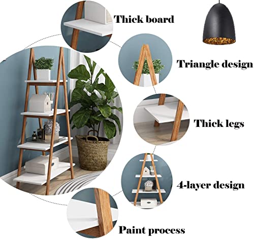 DKLGG 4-Tier Bookshelf Wooden Ladder Shelf Wooden Bookcase A- Shaped with Bamboo Frame, Freestanding Plant Stand Open Shelf, Decorative Plant Shelves for Living Room, Bedroom, Home Office(White)