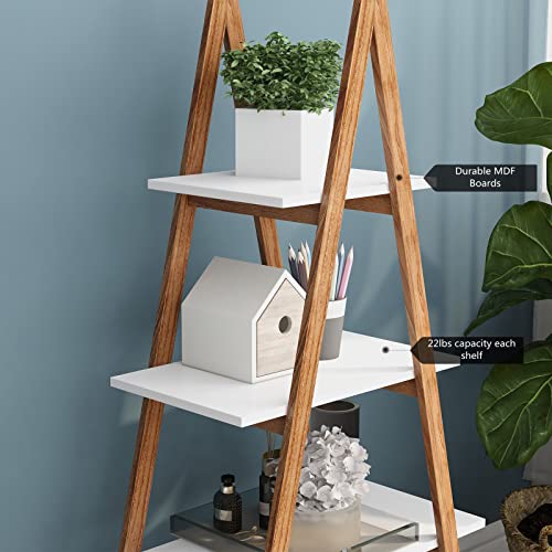 DKLGG 4-Tier Bookshelf Wooden Ladder Shelf Wooden Bookcase A- Shaped with Bamboo Frame, Freestanding Plant Stand Open Shelf, Decorative Plant Shelves for Living Room, Bedroom, Home Office(White)