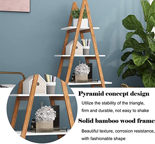 DKLGG 4-Tier Bookshelf Wooden Ladder Shelf Wooden Bookcase A- Shaped with Bamboo Frame, Freestanding Plant Stand Open Shelf, Decorative Plant Shelves for Living Room, Bedroom, Home Office(White)