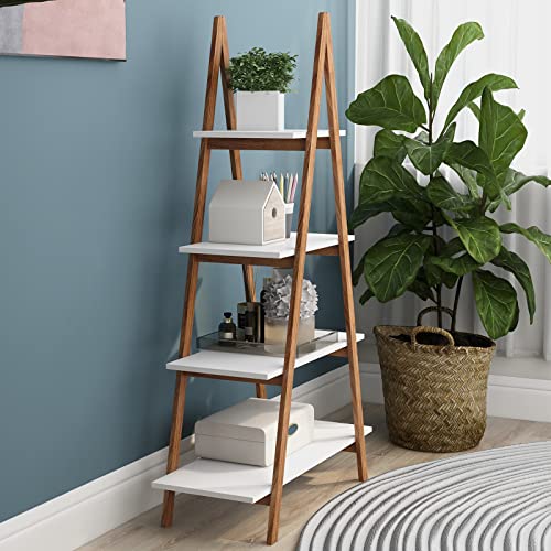 DKLGG 4-Tier Bookshelf Wooden Ladder Shelf Wooden Bookcase A- Shaped with Bamboo Frame, Freestanding Plant Stand Open Shelf, Decorative Plant Shelves for Living Room, Bedroom, Home Office(White)