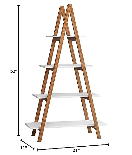 DKLGG 4-Tier Bookshelf Wooden Ladder Shelf Wooden Bookcase A- Shaped with Bamboo Frame, Freestanding Plant Stand Open Shelf, Decorative Plant Shelves for Living Room, Bedroom, Home Office(White)