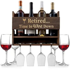 wall mounted wine rack - men women retirement gifts - unique retired gifts for dad, mom - gift idea for moms, grandma, aunt, mother in law, dads, grandpa - retirees presents - includes 4 wine glasses