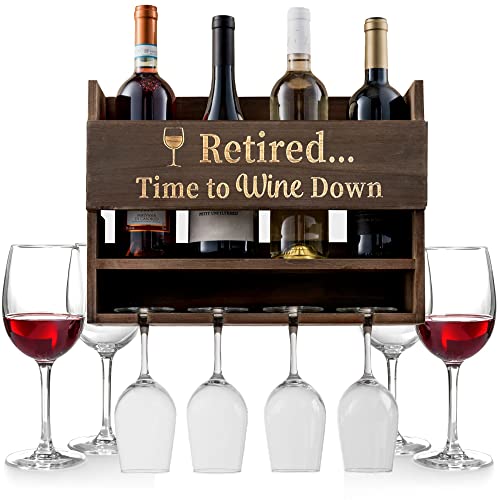 Wall Mounted Wine Rack - Men Women Retirement Gifts - Unique Retired Gifts for Dad, Mom - Gift Idea for Moms, Grandma, Aunt, Mother in law, Dads, Grandpa - Retirees Presents - Includes 4 Wine Glasses