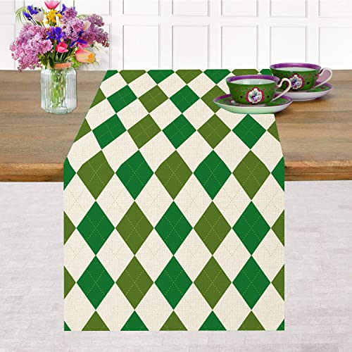 DmHirmg St. Patrick's Day Table Runner Diamond Pattern Table Runner Green Single Side Linen Table Cover for St. Patrick's Day Spring Party Holiday Dining Banquet Family Gathering Home Décor