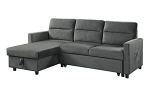 lilola home velvet reversible sleeper sectional sofa with storage chaise and side pocket, dark gray