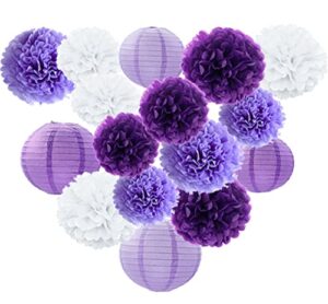 16pcs of tissue paper pom poms mixed paper lanterns craft kit, suitable for lavender purple theme party/ baby shower /birthday party decoration/bridal shower/wedding party decoration （purple）