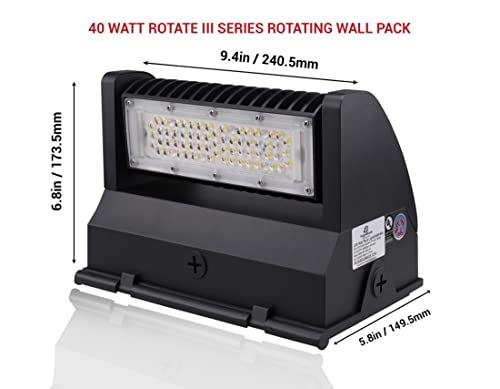 RuggedGrade 5,600 Lumen - 40 Watt Rotate III Series LED Wall Pack - 5000K - High Efficiency 140 Lumen to watt - Black Color - with Photocell