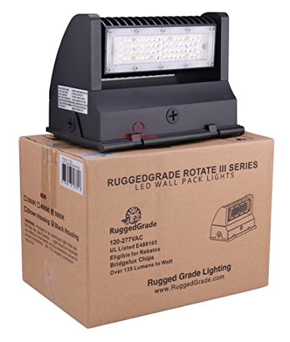 RuggedGrade 5,600 Lumen - 40 Watt Rotate III Series LED Wall Pack - 5000K - High Efficiency 140 Lumen to watt - Black Color - with Photocell