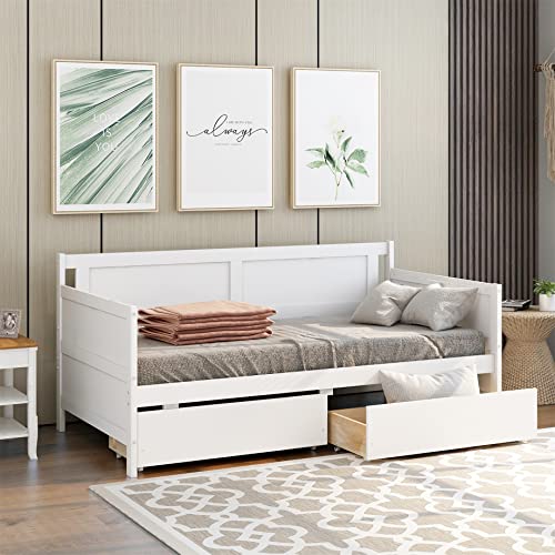 Harper & Bright Designs Twin Daybed with Two Drawers, Wood Twin Size Sofa Bed Frame with Wooden Slat Supports, Storage Daybed for Bedroom, Living Room (White, Twin with Drawers)