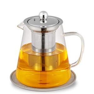 950ml/30oz glass teapot kettle with removable stainless steel infuser & matching silicone coasters, stovetop & microwave safe tea pot for loose leaf tea & blooming tea