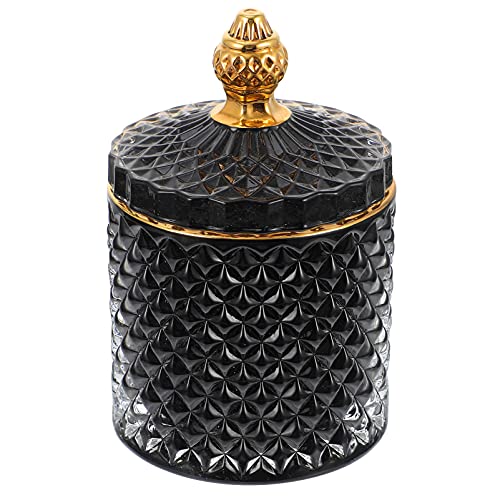 VICASKY Crystal Diamond Faceted Decorative Jar Glass Qtip Holder with Lid,Round Cotton Swab Canister Candy Jar Storage Sugar Bowl Glass Container for Home Kitchen Bedroom Black