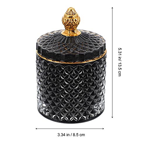 VICASKY Crystal Diamond Faceted Decorative Jar Glass Qtip Holder with Lid,Round Cotton Swab Canister Candy Jar Storage Sugar Bowl Glass Container for Home Kitchen Bedroom Black