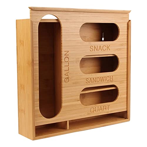 Bamboo Ziplock Bag Storage Organizer for Kitchen Drawer And wall mounted, Openable Bamboo Ziplock Baggie Holder With Easy To Slide Out Cover, 13" L 12" W 3" H