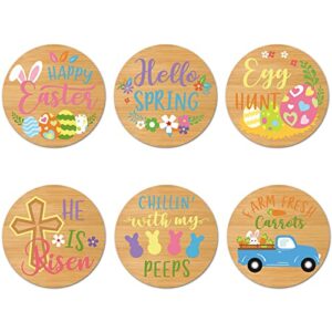 easter wood drink coasters set happy easter spring festival theme gift easter bunny eggs carrots decor round bamboo coasters for tabletop protection cup glass bottle mat heat resistant set of 6