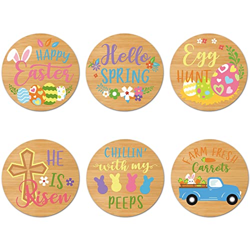 Easter Wood Drink Coasters Set Happy Easter Spring Festival Theme Gift Easter Bunny Eggs Carrots Decor Round Bamboo Coasters for Tabletop Protection Cup Glass Bottle Mat Heat Resistant Set of 6