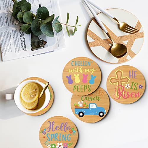 Easter Wood Drink Coasters Set Happy Easter Spring Festival Theme Gift Easter Bunny Eggs Carrots Decor Round Bamboo Coasters for Tabletop Protection Cup Glass Bottle Mat Heat Resistant Set of 6