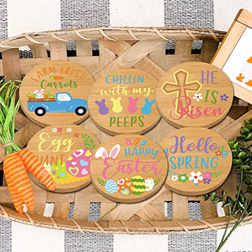 Easter Wood Drink Coasters Set Happy Easter Spring Festival Theme Gift Easter Bunny Eggs Carrots Decor Round Bamboo Coasters for Tabletop Protection Cup Glass Bottle Mat Heat Resistant Set of 6