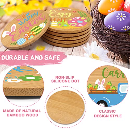 Easter Wood Drink Coasters Set Happy Easter Spring Festival Theme Gift Easter Bunny Eggs Carrots Decor Round Bamboo Coasters for Tabletop Protection Cup Glass Bottle Mat Heat Resistant Set of 6