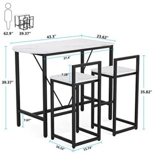 Tribesigns 3-Piece Bar Table Set, Kitchen Pub Dining Table with 2 Bar Stools, Small Space Counter Height Breakfast Table Set with Faux Marble Tabletop for Apartment, White