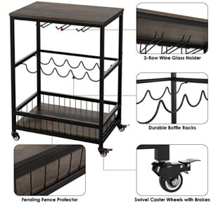 HITHOS Industrial Bar Carts for The Home, Mobile Bar Serving Cart, Wine Cart on Wheels, Beverage Cart with Wine Rack and Glass Holder, Rolling Drink Trolley for Living Room, Kitchen, Dark Brown