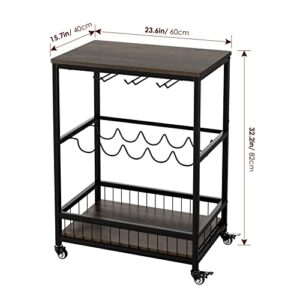 HITHOS Industrial Bar Carts for The Home, Mobile Bar Serving Cart, Wine Cart on Wheels, Beverage Cart with Wine Rack and Glass Holder, Rolling Drink Trolley for Living Room, Kitchen, Dark Brown