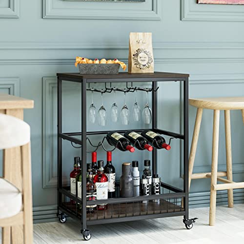 HITHOS Industrial Bar Carts for The Home, Mobile Bar Serving Cart, Wine Cart on Wheels, Beverage Cart with Wine Rack and Glass Holder, Rolling Drink Trolley for Living Room, Kitchen, Dark Brown