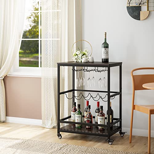 HITHOS Industrial Bar Carts for The Home, Mobile Bar Serving Cart, Wine Cart on Wheels, Beverage Cart with Wine Rack and Glass Holder, Rolling Drink Trolley for Living Room, Kitchen, Dark Brown